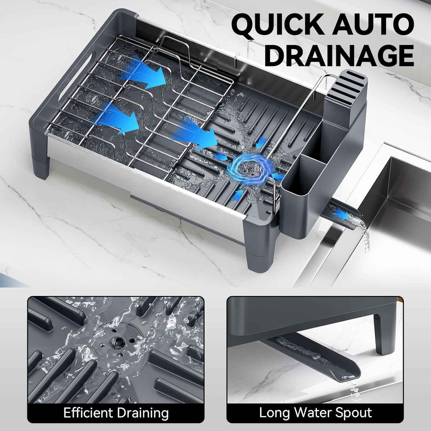 Urackify Expandable Dish Drying Rack, Stainless Steel Dish Rack with Aluminum Frame, Dish Drainer for Kitchen Counter, Space Saving Kitchen Drying Rack with Movable Utensil Holder, Gray