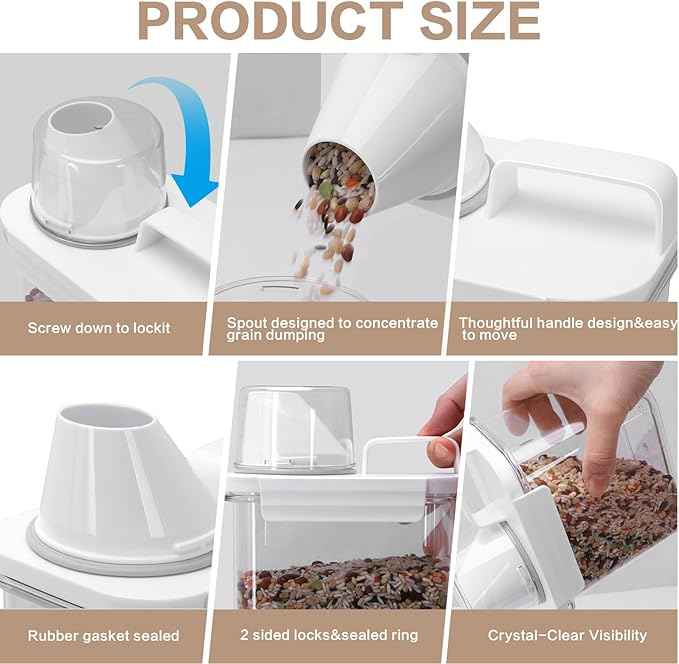 Air Tight Cereal Container Organizer Set of 6 - 1800ML & 2300ML Total 417oz, Dry Food Storage for Pet Food, Rice, Oatmeal with Pour Spout Lid and Plastic Small Measuring Cup for Flour and Sugar