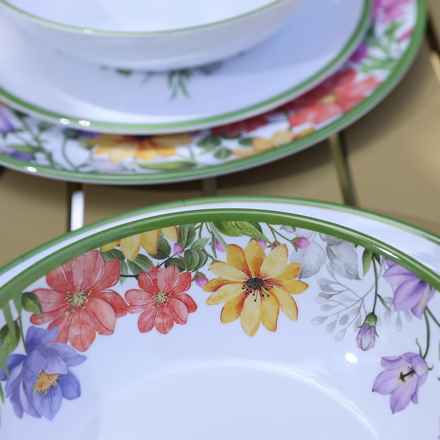 12 Piece Floral Melamine Dinnerware Sets, Green Camping Dishes Set, Spring Lightweight Plates and Bowls Sets, Service for 4, Unbreakable Dishwasher Safe Dish Set for Indoor & Outdoor Use