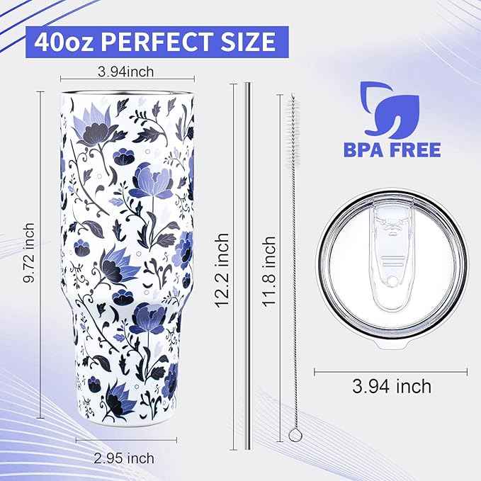 40 oz Tumbler with Lids and Straws Double Wall Insulated Tumbler Cup,Stainless Steel Vacuum Tumbler Powder Coated Travel coffee Mug for Cold and Hot Drinks,Blue and White Porcelain