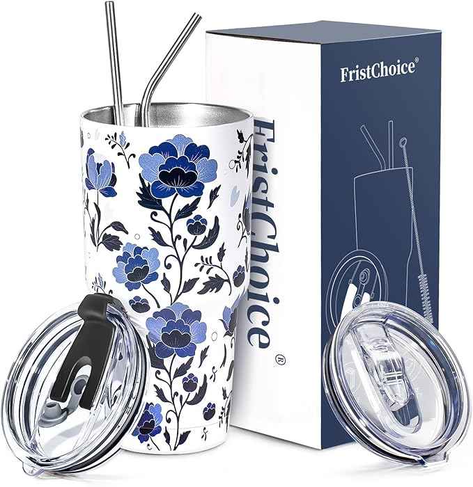 30 oz Tumbler with Lids and Straws Double Wall Insulated Tumbler Cup,Stainless Steel Vacuum Tumbler Powder Coated Travel coffee Mug for Cold and Hot Drinks,Blue and White Porcelain
