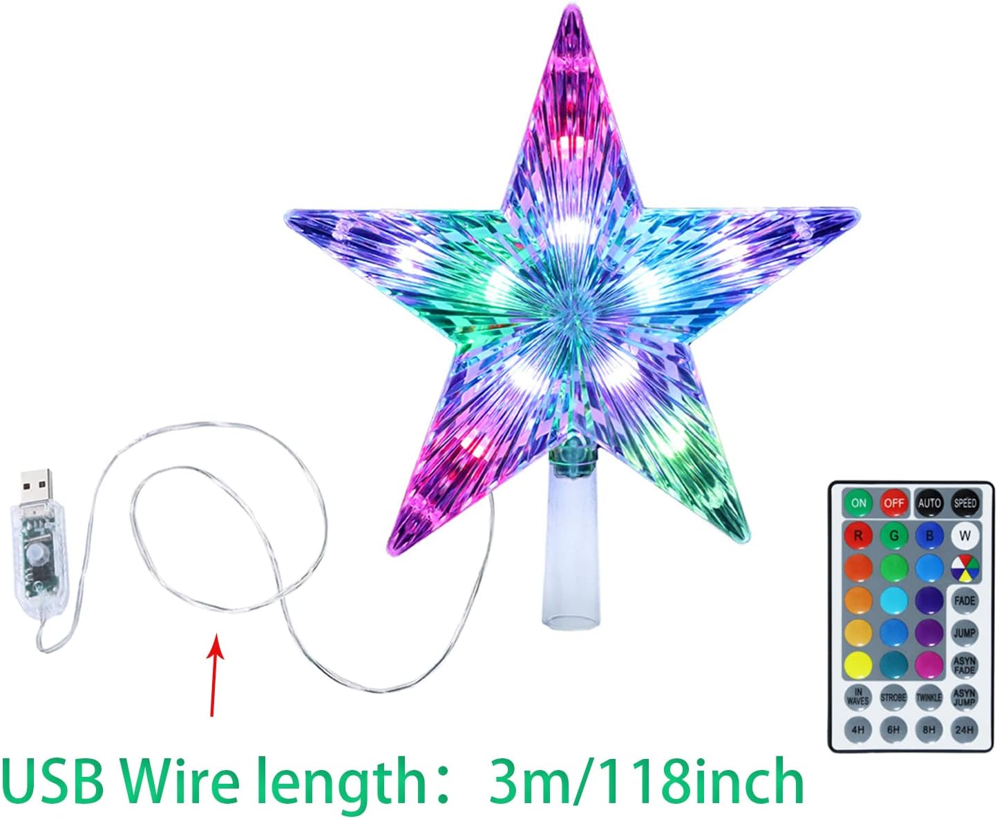 Christmas Tree Topper, FISHOPE LED 24 Modes Color Changing 9.5" Christmas Tree Toppers Star Lighted, Remote Controller Multicolor Christmas Decorations USB Powered for Xmas Holiday Party Gift Décor