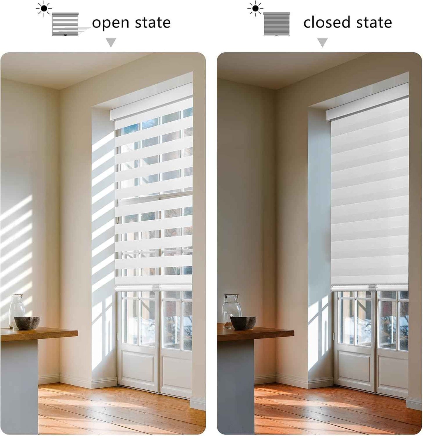 AOSKY Cordless Zebra Blinds for Windows Pull Down Roller Window Shades Dual Layer Light Filtering Privacy for Day and Night, Free-Stop Door Shades for Home Easy to Install (57" W X 72" H, White)