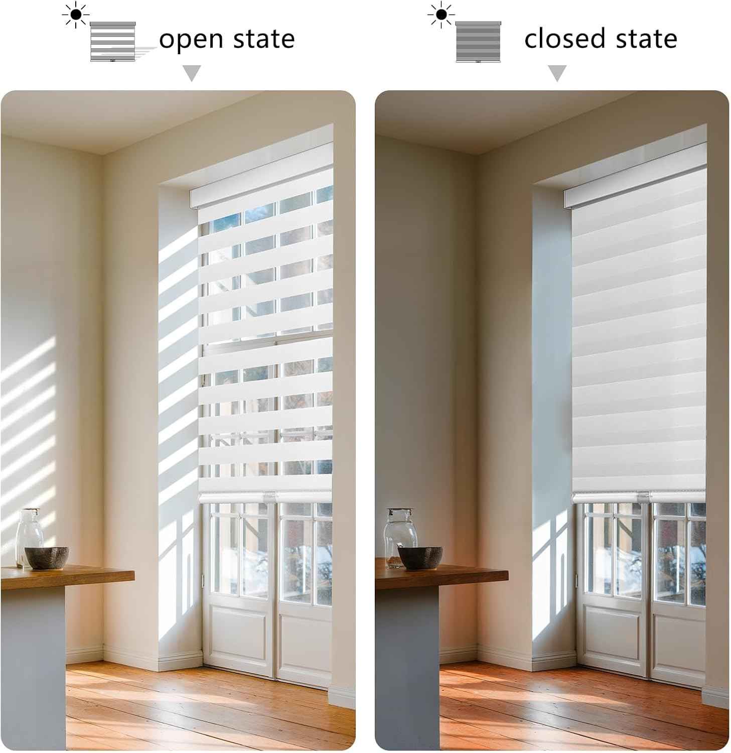 AOSKY Cordless Zebra Blinds for Windows Pull Down Roller Window Shades Dual Layer Light Filtering Privacy for Day and Night, Free-Stop Door Shades for Home Easy to Install (57" W X 72" H, White)