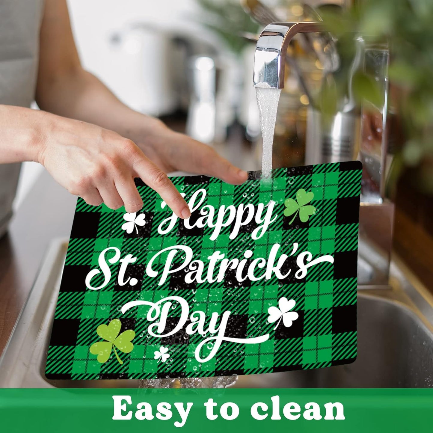 St. Patrick’s Day Placemats Set of 6 Buffalo Plaid Plastic Table Mats Lucky Shamrock Place Mats Blessed Holiday Table Decoration for Indoor Outdoor Party Kitchen Dining