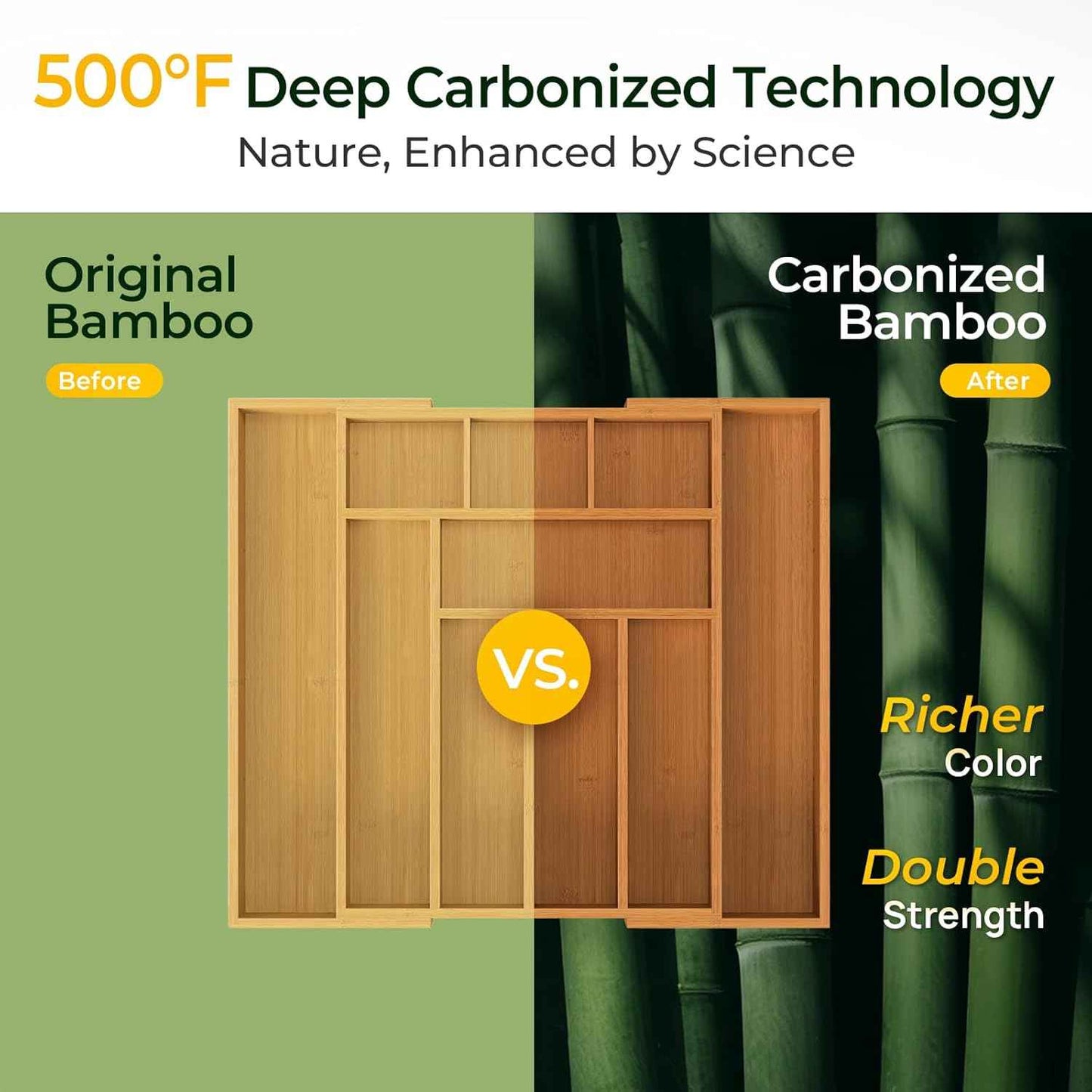 keechee Carbonized Bamboo Kitchen Drawer Organizer, 10 Slots Expandable Silverware Organizer, Utensil Holder & Cutlery Tray, 2.2" Deep for Extra Capacity, Non-Slip Feet Included