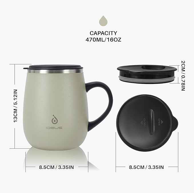 Ideus 16 oz (470 ml) Insulated Coffee Mug with Handle and Lid, Double Wall Stainless Steel Vacuum Thermal Coffee Mug, Travel Coffee Cup Thermal Cup for Home and Office (Celadon)