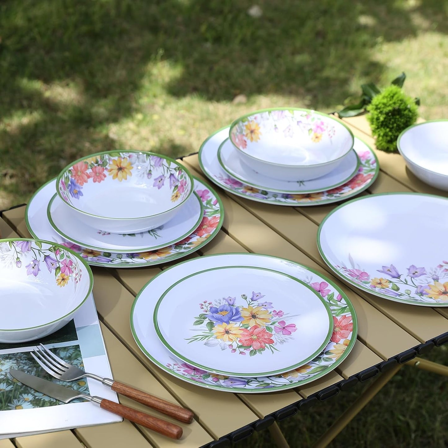 12 Piece Floral Melamine Dinnerware Sets, Green Camping Dishes Set, Spring Lightweight Plates and Bowls Sets, Service for 4, Unbreakable Dishwasher Safe Dish Set for Indoor & Outdoor Use