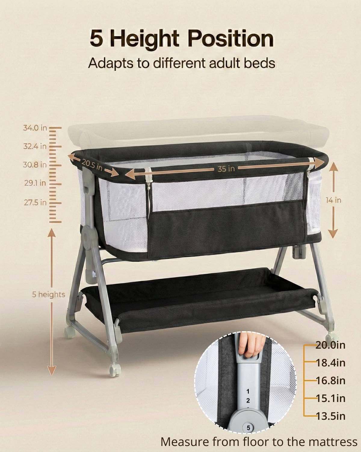Bedside Bassinet for Baby, Sturdy 3 in 1 Bedside Sleeper with Mattress & Wheels, Height Adjustable, Breathable Mesh, Storage Basket, Easy to Assemble for Newborn, Black