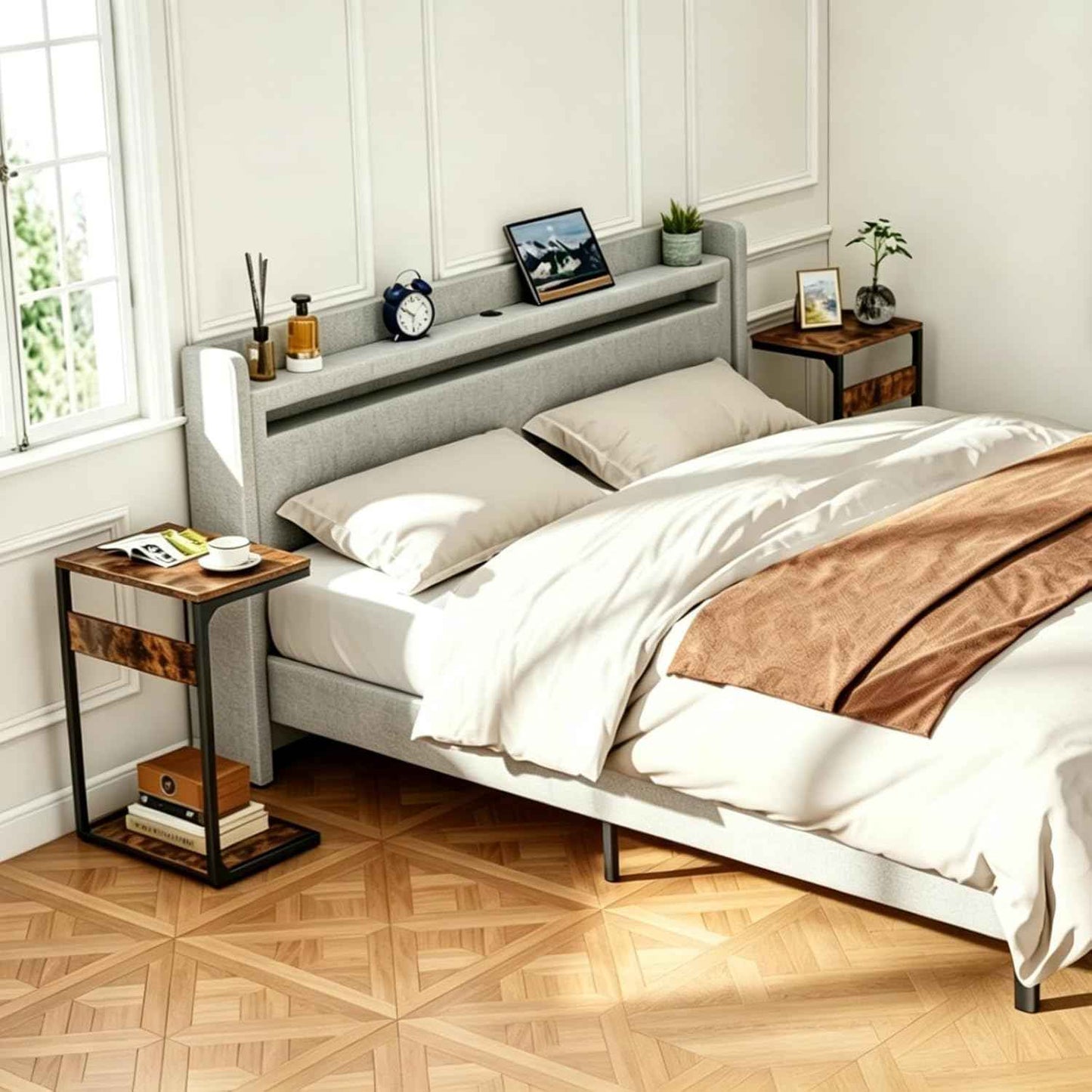 Wood Pedestal Sofa Side Tables Set of 2 Small Nightstand C Shaped End Table TV Trays on Couch Stands TV Tray Tables Slide Under Night Stand Over Bed Living Room Bedroom Bedside Rustic Brown ET-YB-BRW2