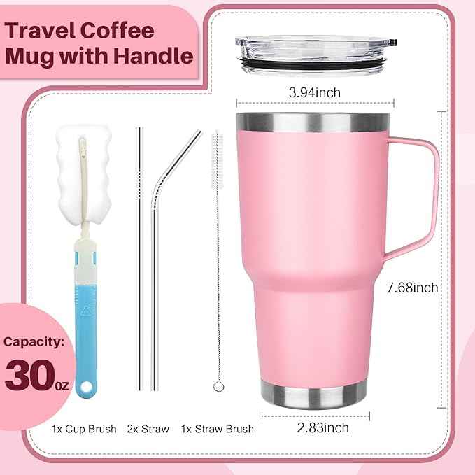 30 oz Stainless Steel Tumbler with Handle, Double Wall Vacuum Insulated Coffee Mug Tumbler with Lid and Straw, Thermal Cup for Cold and Hot (Pink)