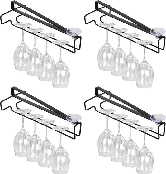 4 Pcs Wine Glass Holder, Stemware Rack Hanger Under Cabinet Wine Glass Rack Kitchen Hanging Glasses Storage Rack Organizer, Black