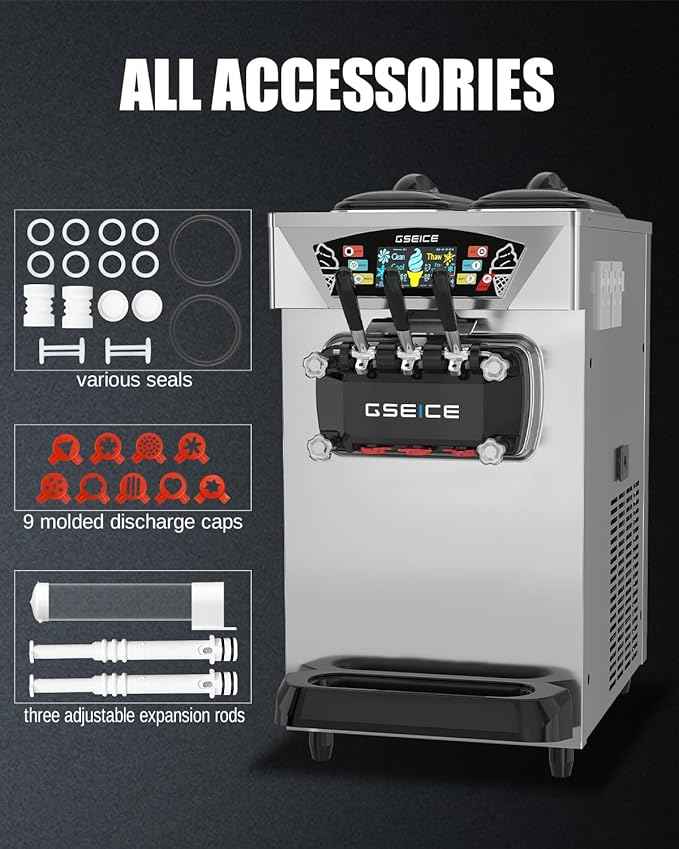 Commercial Ice Cream Maker, 6.8-8.4 Gal/H, 2 * 8L Hopper 110V Countertop Soft Serve Ice Cream Machine, 3 Flavors Puffing Alarm Pre-Cooling For Shops Cafes Dessert Stores, Auto Clean & Touch Screen