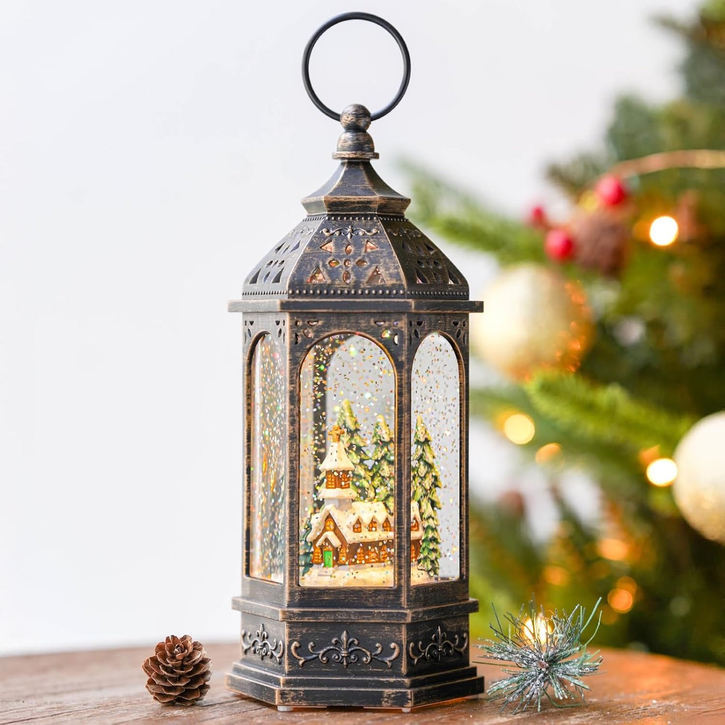 Christmas Snow Globe Lantern Lighted Church Musical Snow Water Lantern Swirling Glittering Home Decoration and Gift, Battery Operated or USB Powered