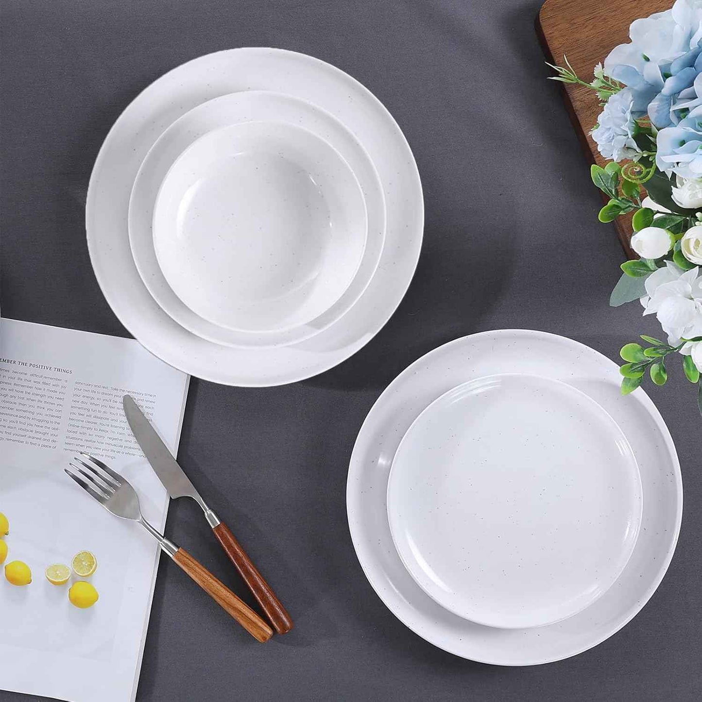 Webbylee 12-Piece Melamine Dinnerware Set for 4 – Unbreakable Plates & Bowls, Lightweight, Two-Tone White & Grey, Ideal for Family Meals, Camping, Picnic, Parties