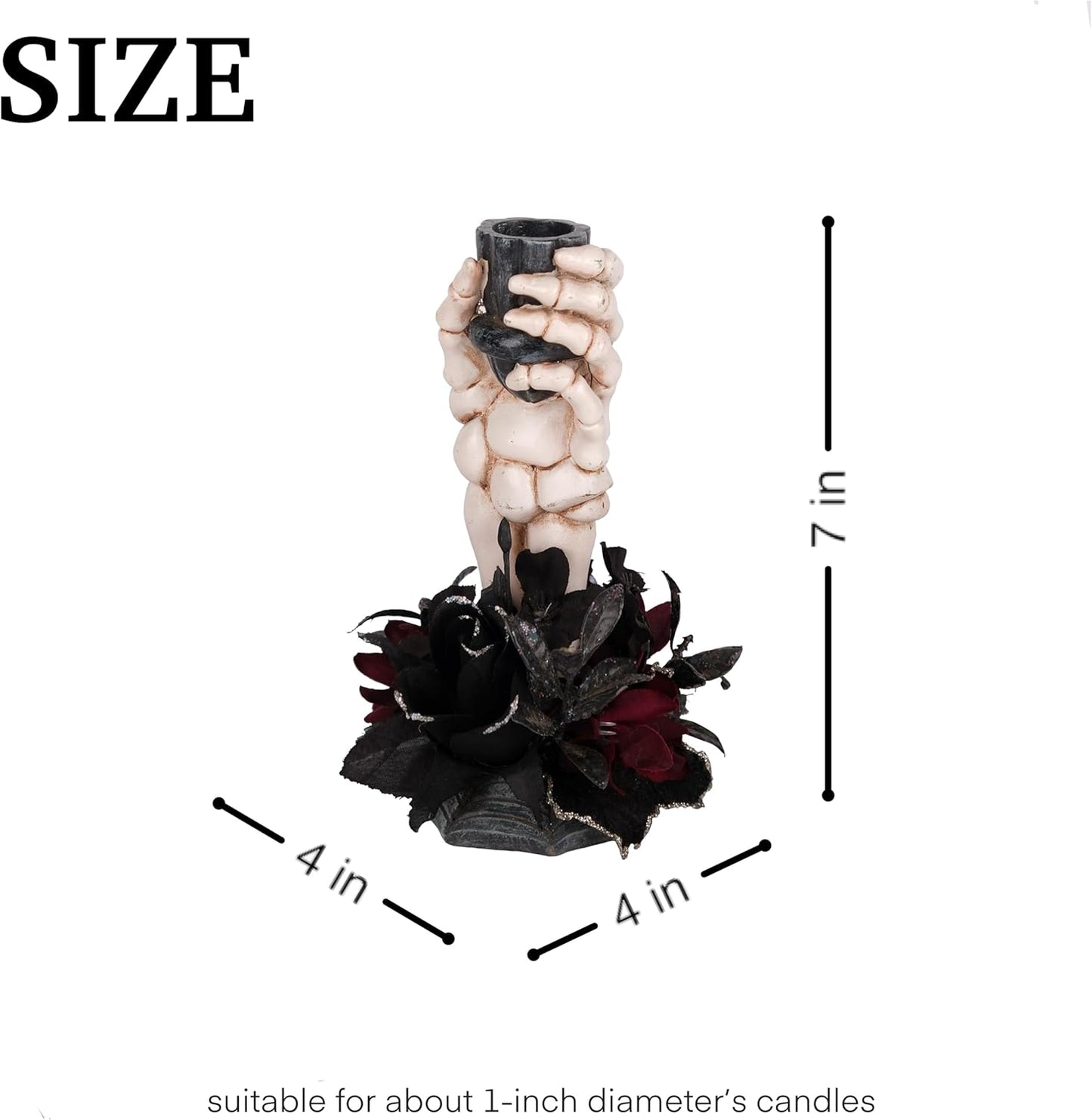 Skeleton Hand Halloween Candle Holder, Resin Candlestick Holder with Black&Burgundy Artificial Flowers Arrangement, Gothic Halloween Decor for Coffee Table/Dining Table Centerpiece, 6" Height