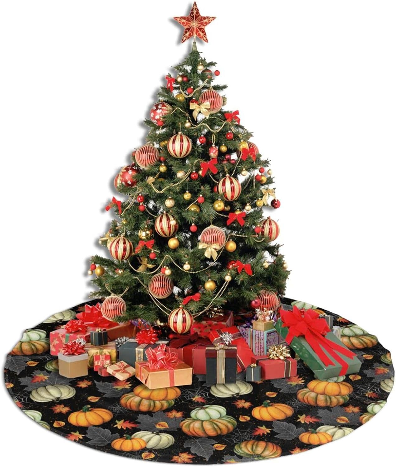 Thanksgiving Fall Tree Skirt Maple Leaf Pumpkin Spider Web Christmas Tree Skirt Xmas Tree Mat Halloween Christmas Tree Ornaments Decorations Holiday Party Indoor Outdoor 30"