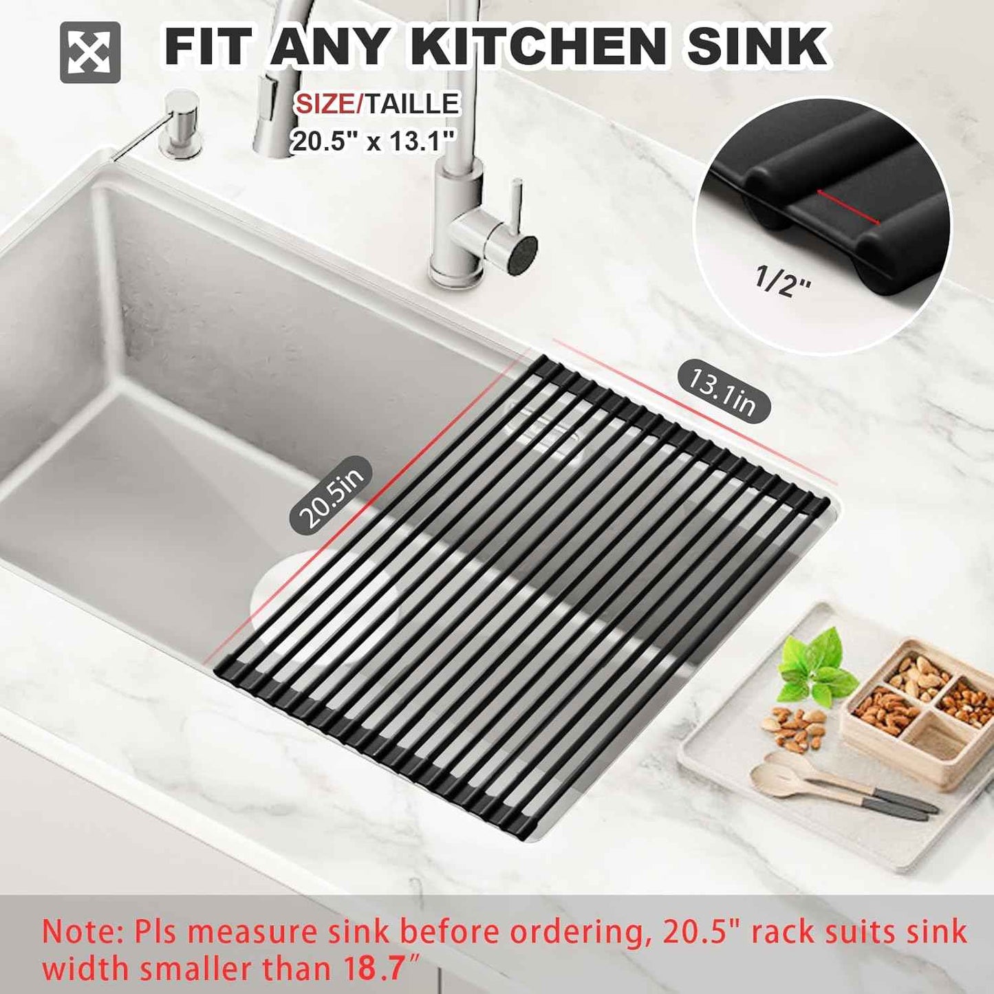 MERRYBOX 20.5" x 13" Roll Up Dish Drying Rack Silicone Wrapped Over The Sink Dish Drying Rack Multipurpose Foldable Sink Drying Mat, Heat-Resistant & Anti-Rust Dish Rack for Kitchen Sink, Large, Black