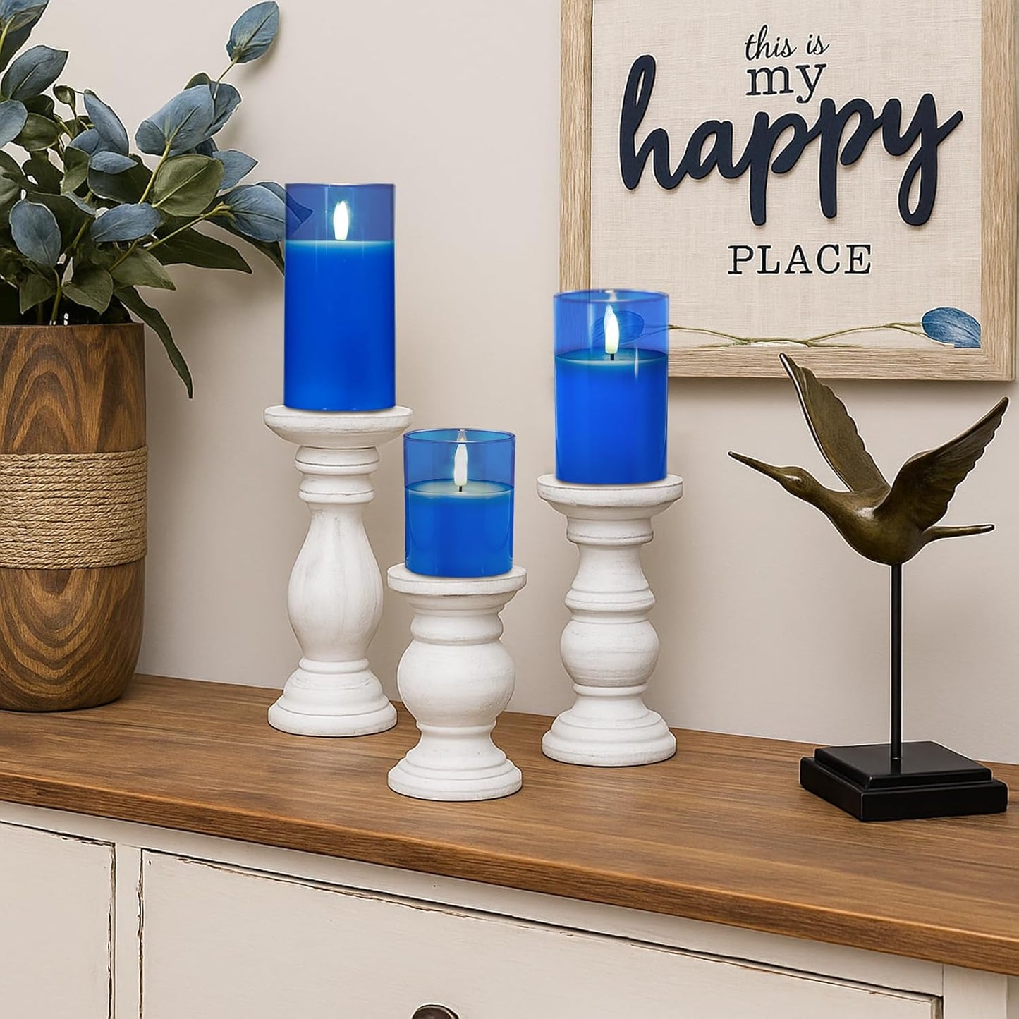 Amagic Blue Glass Flameless Candles with Remote, Battery Operated Candles, Real Wax LED Candles with Timer, Flickering Fake Pillar Candle for Theme Party, Hanukkah Holiday Decor, 3D Wick, Set of 3