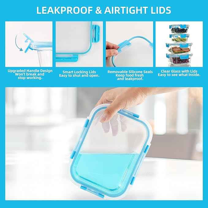 UMEIED 12 PACK Glass Food Storage Containers with Leak Proof Lids, Glass Airtight Meal Prep Containers Set for Lunch, On the Go, Leftover, Kitchen Pantry Organizers and Storage (Blue)