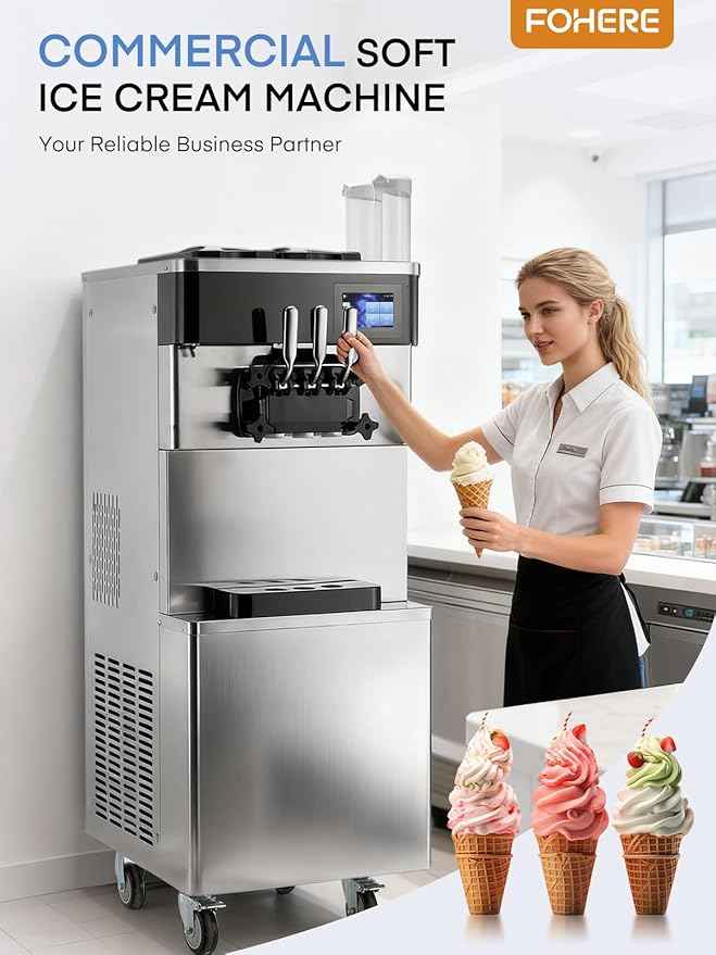 Commercial Ice Cream Machine 5.8-7.9 Gal/h, 3 Flavors Soft Serve Ice Cream Machine with 14L Hopper, Auto Clean Ice Cream Maker With Touch LCD Panel for Snack Restaurants Bars, 2200W