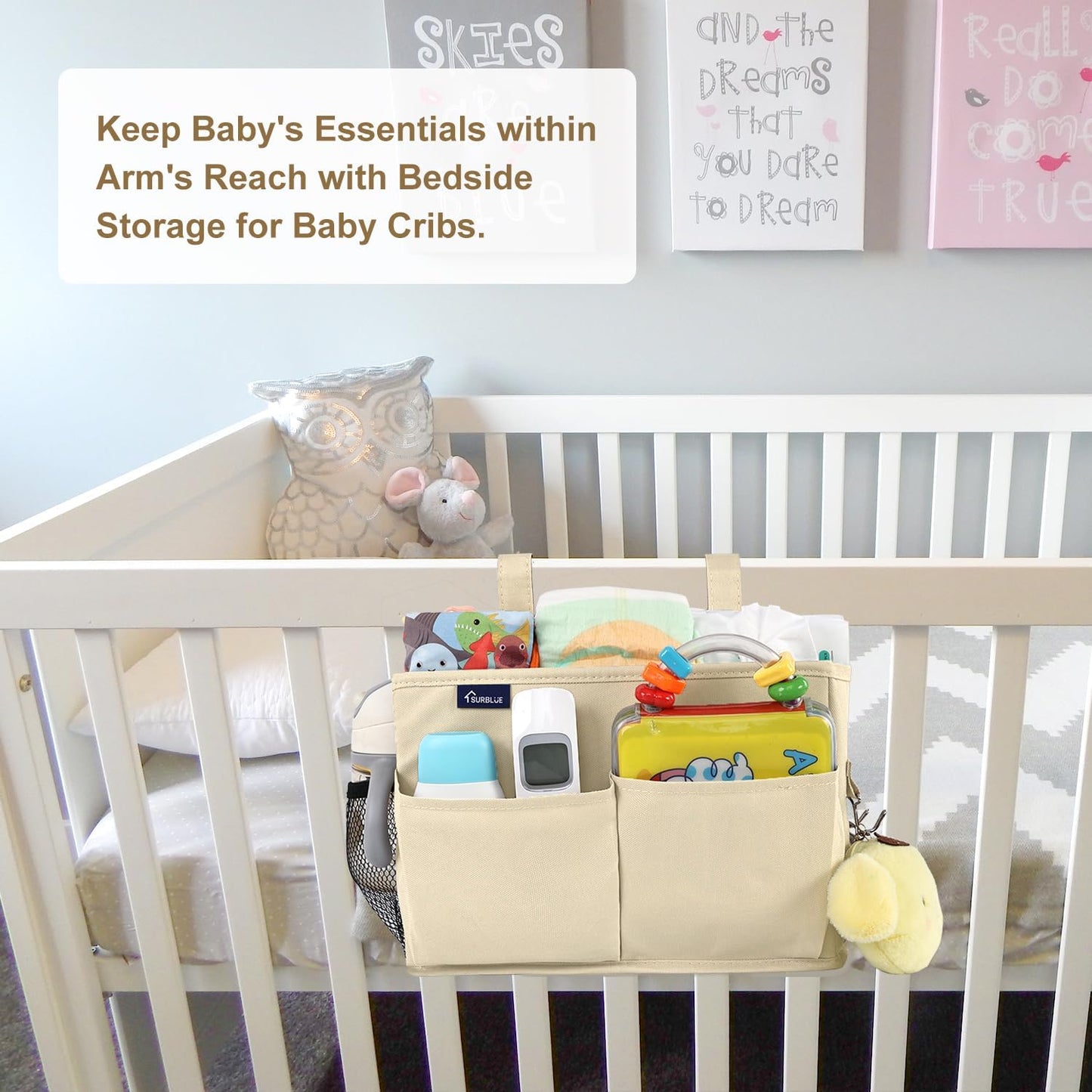 Surblue Bedside Caddy Hanging Organizer Storage Bag Pocket for Bunk, Hospital, College Dorm Rooms, Baby Bed Rails, Camp - 8 Pockets, Large, Beige