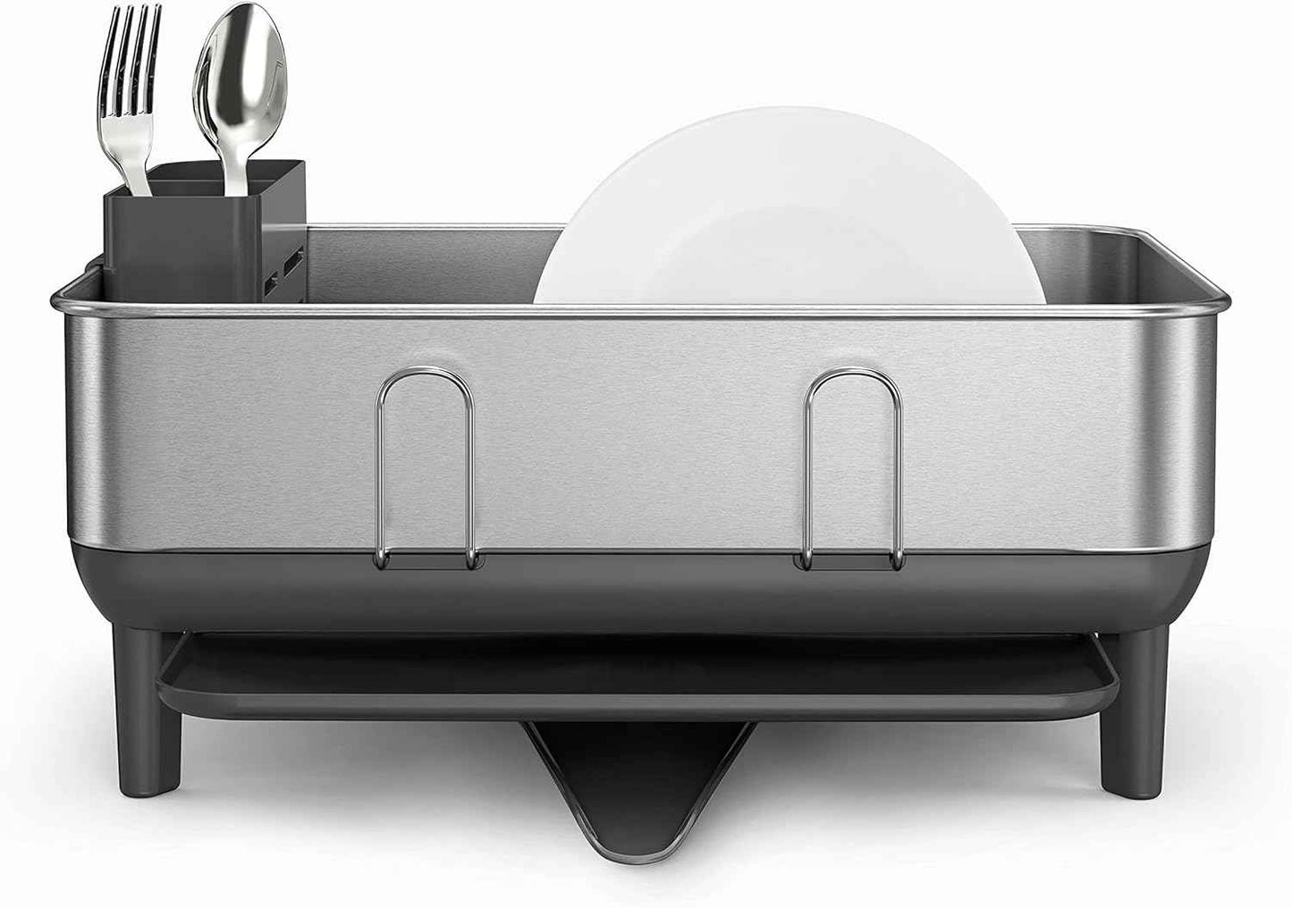 simplehuman Steel Frame Dishrack, Compact Dish Drying Rack for Small Kitchens, 360º Easy Drain Swivel Spout, Anti-Residue Coating, Moisture Control Surface, Brushed Stainless Steel