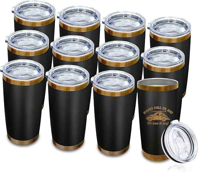 20 oz Tumblers Stainless Steel Tumbler with Lid and Straw Insulated Coffee Mug for Laser Graving 22oz Powder Coated Cup(Black,12 pack)