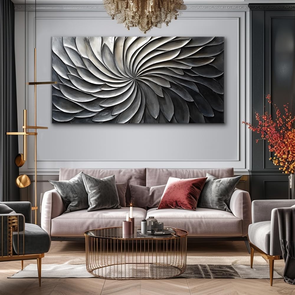 LASMOND Abstract Black and White Wall Art for Living Room Modern Canvas Print Painting Lines Flower Floral Large Artwork Bedroom Home Office Wall Décor (58x28 Inches)