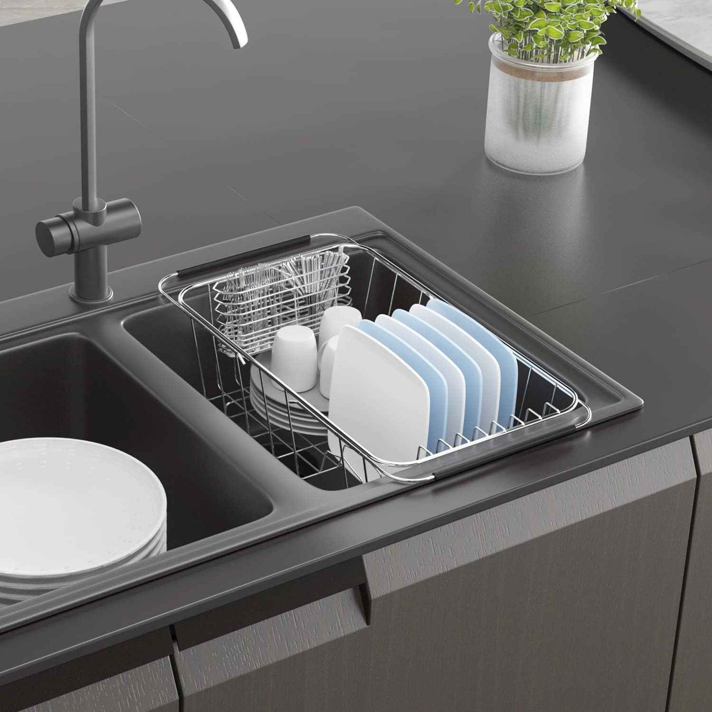 JAQ Over Sink Dish Drying Rack for Small Sink, Compact Expandable 14.25"–22.44", Adjustable 304 Stainless Steel Dish Drainer with Utensil Holder, Space Saving for Small Kitchen