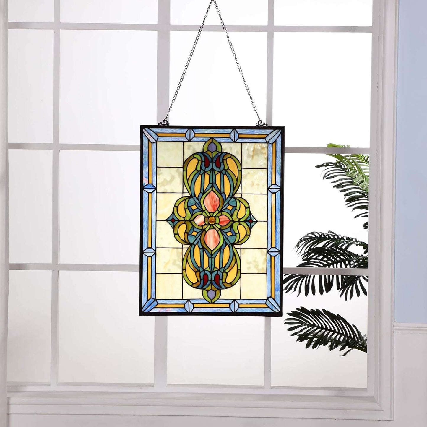 Bieye W10030 Victorian Tiffany Style Stained Glass Window Panel Hangings with Chain, 18" W x 25" H