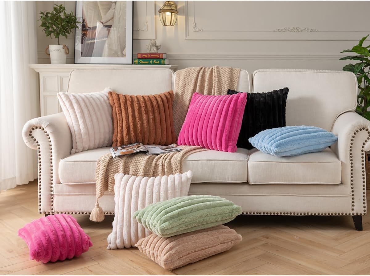 DEELAND Pack of 2,Double-Sided Faux Fur Plush Decorative Throw Pillow Covers Fuzzy Striped Soft Pillowcase Cushion Covers for Sofa Couch Bedroom