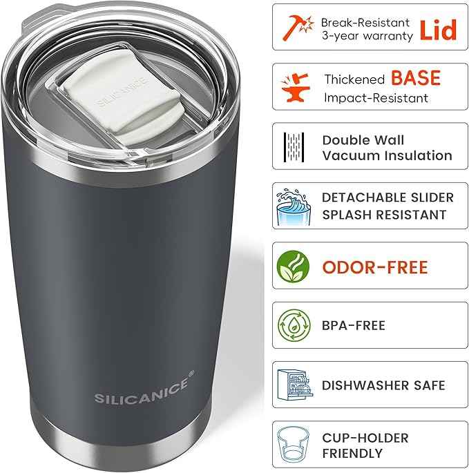 Coffee Tumbler 20 oz, Double Wall Stainless Steel Travel Coffee Mug with Removable Slider Lid, BPA Free, Car Cup Holder Compatible - Gym/Office/Travel/Home - Gray