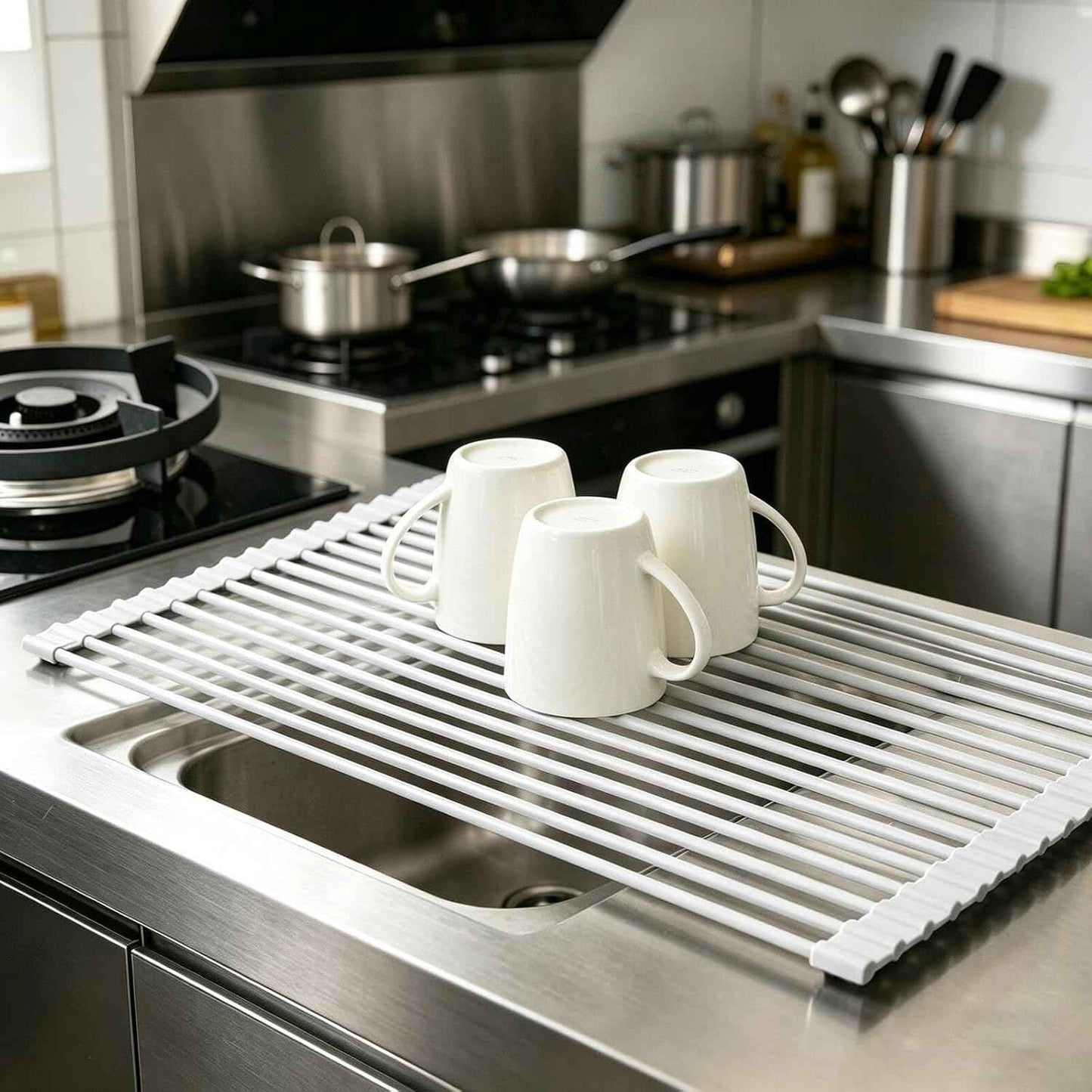 Ahyuan Large Roll up Dish Drying Rack Silicone Foldable Rack Over Sink Dishes Drainer Roll-up Sink Drying Racks Full Silicone Coated Stainless Still Dish Drying Rack (Warm Grey, 17.7''X13.13'')