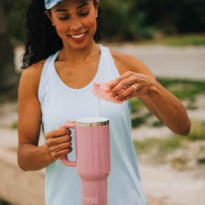 RTIC 30 oz Road Trip Tumbler Double-Walled Ceramic Lined InsulatedStainless Steel Portable Travel Coffee Mug Cup with Lid, Handle and Straw, Sunlight Gingham