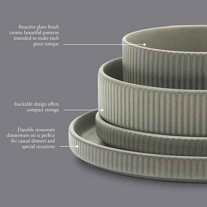 Gibson Elite Deerfield 16-Piece Stoneware Dinnerware Set – Soft Grey Reactive Glaze, Stackable Plates and Bowls, Service for 4 – Microwave & Dishwasher Safe
