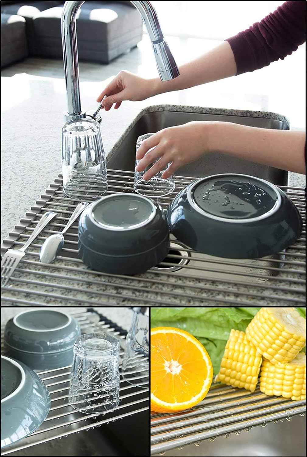 Tomorotec 17.7" x 15.5" Roll Up Dish Drying Rack Over Sink Drying Rack Sink Cover Kitchen Sink Accessories Gadget Multipurpose Organizer Foldable Stainless Steel Drainer (Grey)