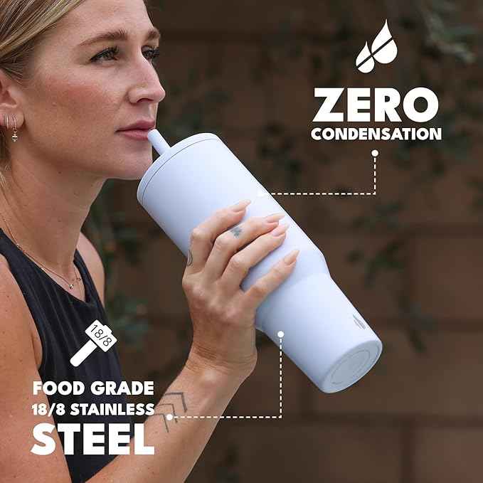 Elemental 40 oz Tumbler with Handle and Straw - Spill Proof Insulated Stainless Steel Commuter for Cold Beverages - Travel Coffee Mug with 2 Straws & Spill Proof Lid - 40oz - Ice Blue