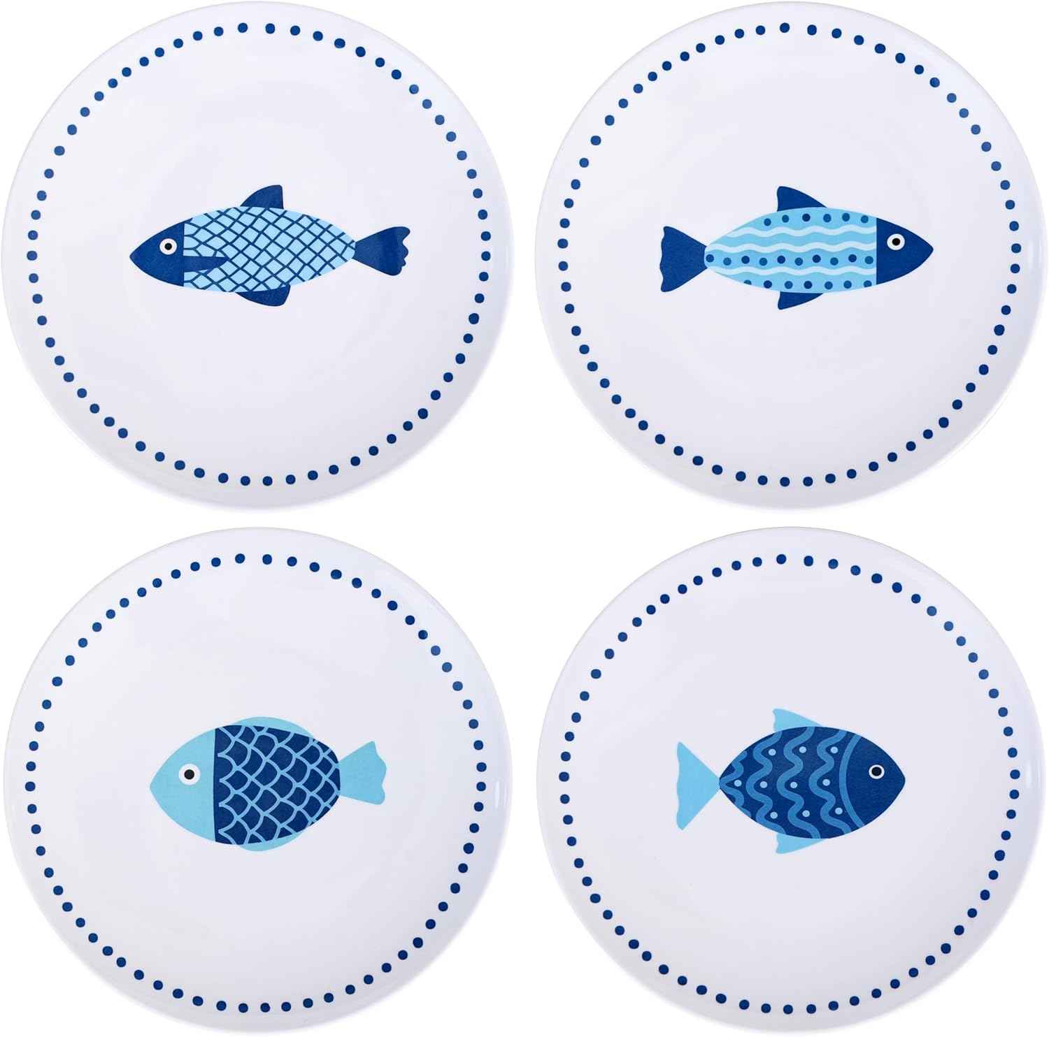10 Inch Melamine Dinner Plates Set of 4 – Lightweight & Break-Resistant Dishes, Coastal Blue Ocean Fish Design, Reusable Plates for Indoor/Outdoor Use, Unbreakable Dessert Plate
