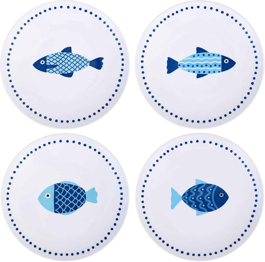 10 Inch Melamine Dinner Plates Set of 4 – Lightweight & Break-Resistant Dishes, Coastal Blue Ocean Fish Design, Reusable Plates for Indoor/Outdoor Use, Unbreakable Dessert Plate