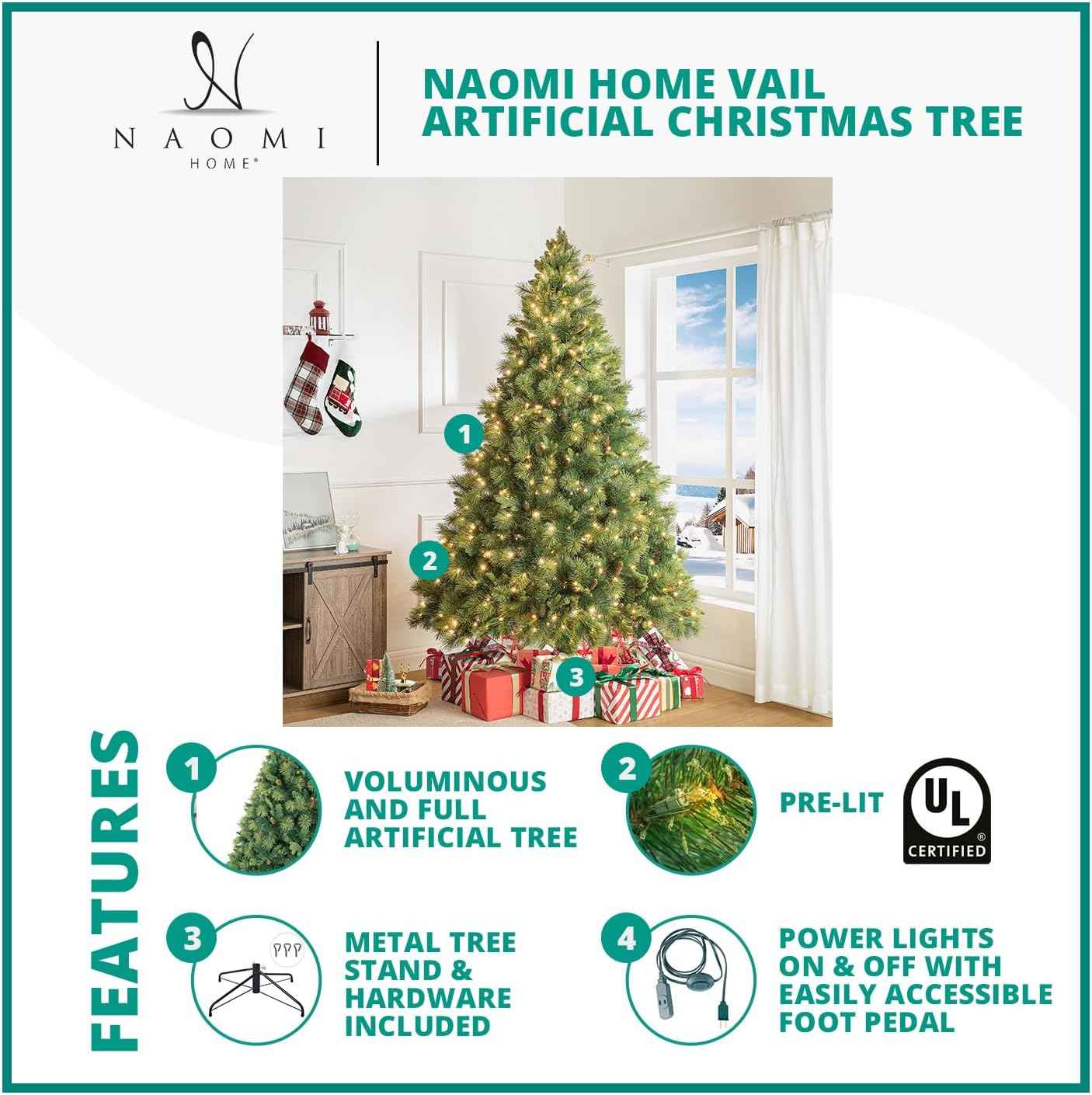 Naomi Home Vail 9ft Prelit Artificial Christmas Tree with Pine Cones, Foot Pedal, 2294 Branch Tips, 1050 Warm Lights and Metal Stand, 62" Wide Realistic Traditional Christmas Tree with Lights