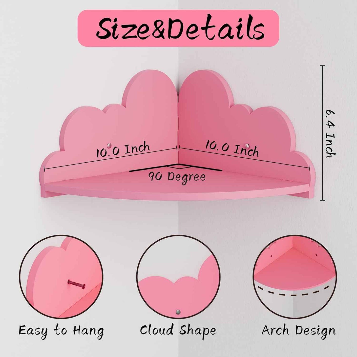 Cloud Floating Corner Shelves - Set of 3 Corner Wall Shelves for Kid’s Room, Corner Shelf Nursery Wall Deor, Small Cute Cloud Dispaly Shelf Wall Mounted for Toys, Plants & Storage,Pink.