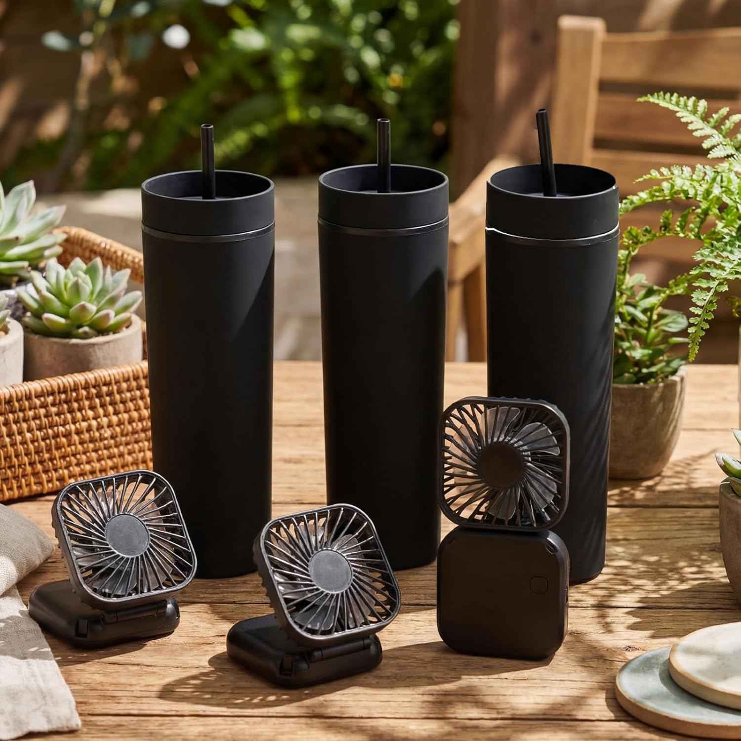 Reallnaive 6 Pcs Skinny Tumbler Bulk and Mini Portable Fans Set for Summer, 16 oz Plastic Cups with Lids Straws and Small USB Rechargeable Handheld Fan for Cooling Gift (Black)