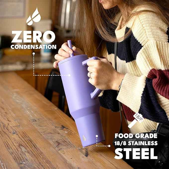 Elemental 40 oz Tumbler with Handle and Straw - Spill Proof Insulated Stainless Steel Commuter for Cold Beverages - Travel Coffee Mug with 2 Straws & Spill Proof Lid - 40oz - Lavender