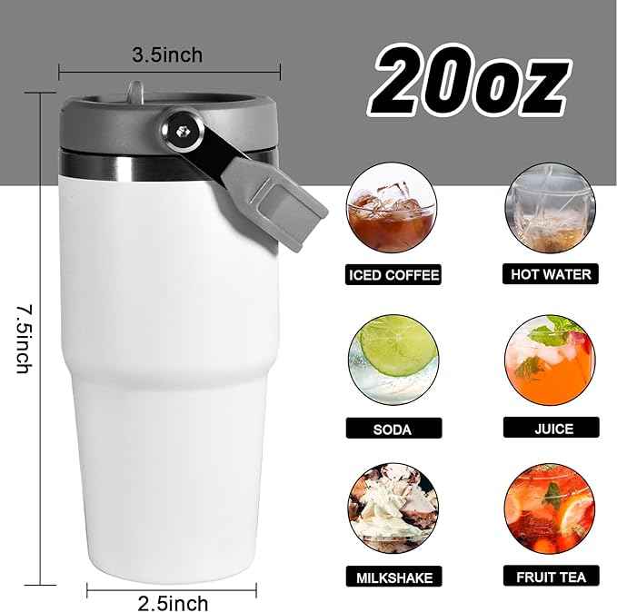 20 oz Tumbler with Handle, Insulated Tumbler with Lid and Flip Straw Leak Proof Double Wall Stainless Steel Vacuum Travel Coffee Mug Insulated Water Bottle Thermal Cup, Cupholder Friendly, White