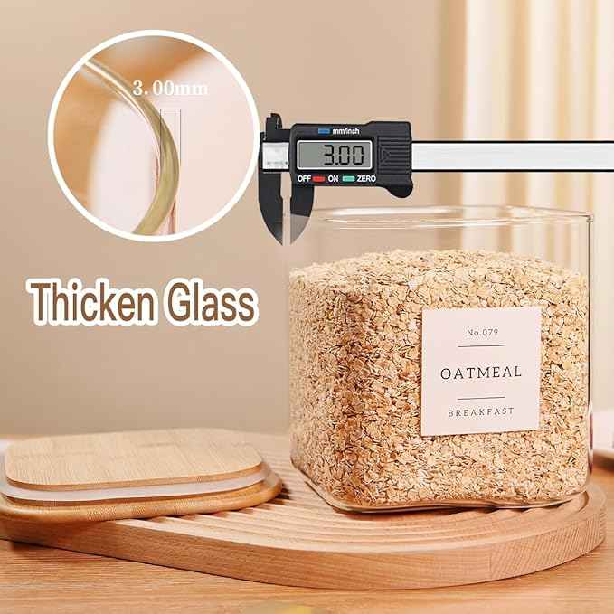2 Pack Square Glass Flour and Sugar Containers with 132 Kitchen Pantry Labels - Thicken 85 FL OZ Large Glass Storage Jars with Airtight Bamboo Lid - Big Food Canisters for Cookies, Candy, Tea, Coffee