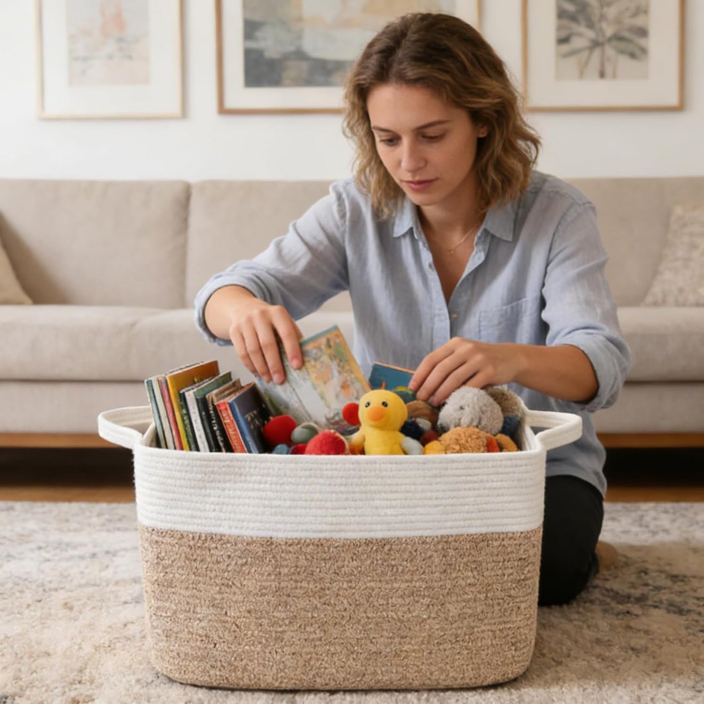 Large Blanket Basket,Woven Rope Basket Storage Bin with Handles,65L Rectangle Laundry Basket for Magazines,Toys,Clothes,Newspaper Shelf Organization,Nursery and Living Room,White & Brown