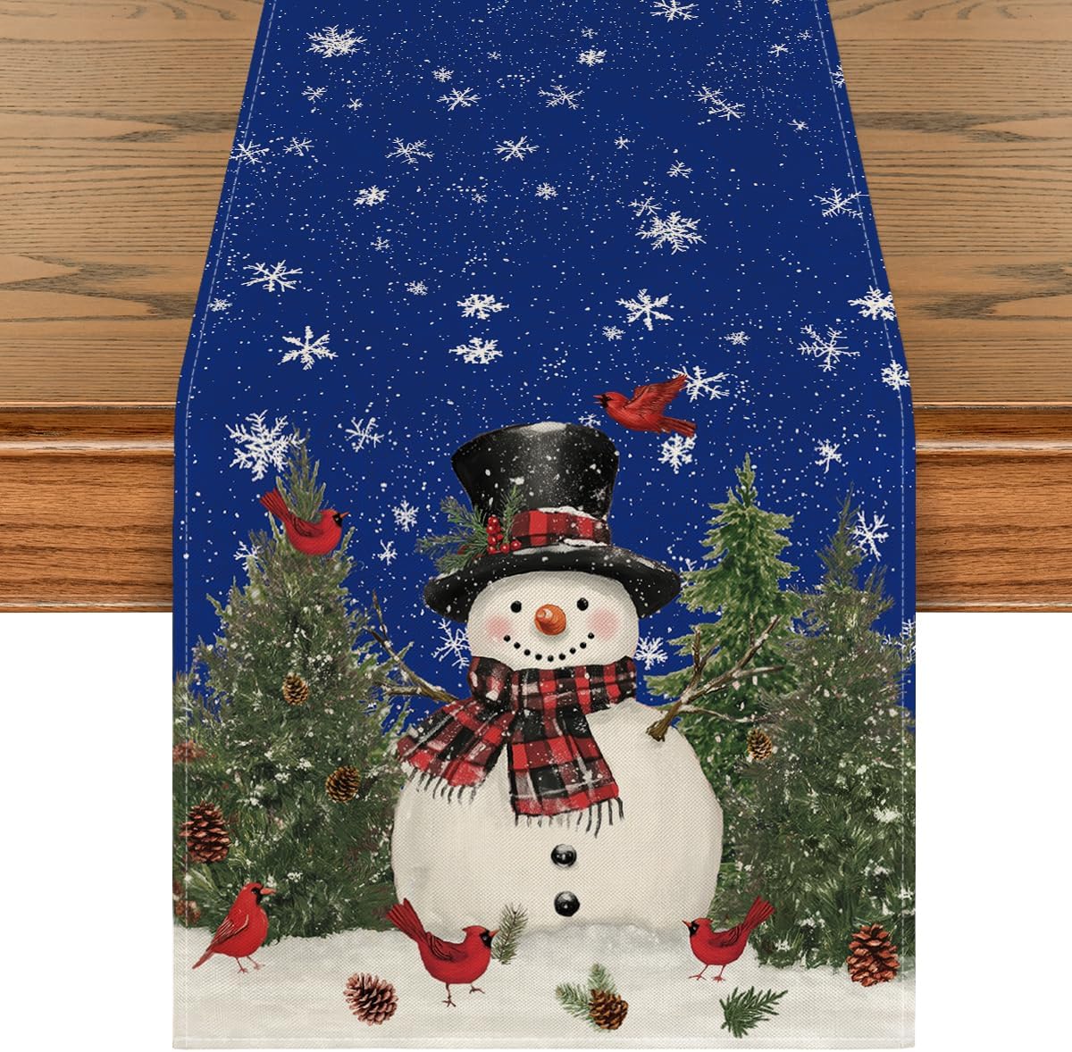 Artoid Mode Snowman Birds Trees Christmas Table Runner, Seasonal Blue Winter Holiday Kitchen Dining Table Decoration for Indoor Outdoor Home Party Decor 13 x 36 Inch