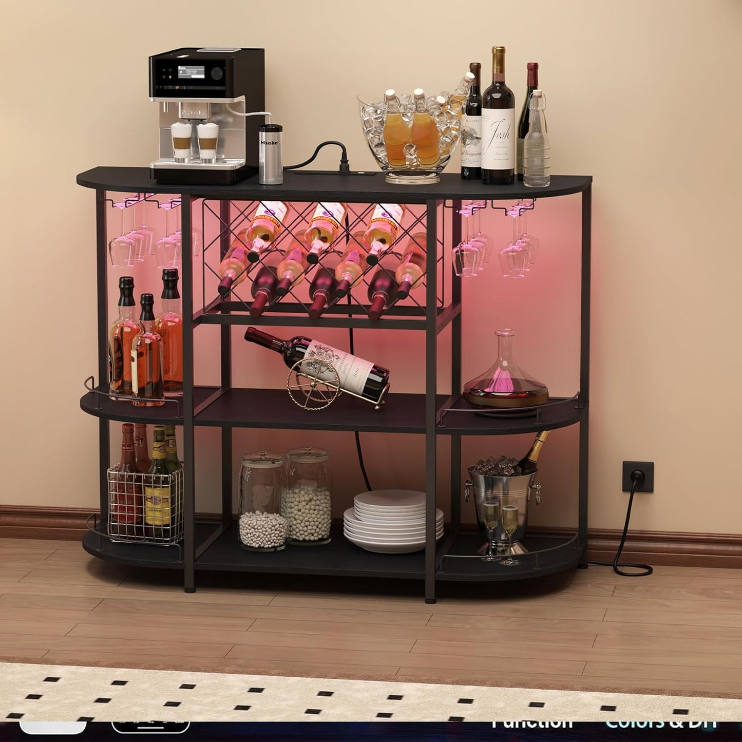 Wine Cabinet Coffee Table with Power Socket and LED Light, Three Tiers Coffee Bar Table Wine Rack Liqour Bar with Large Storage for Home Kitchen (Black)