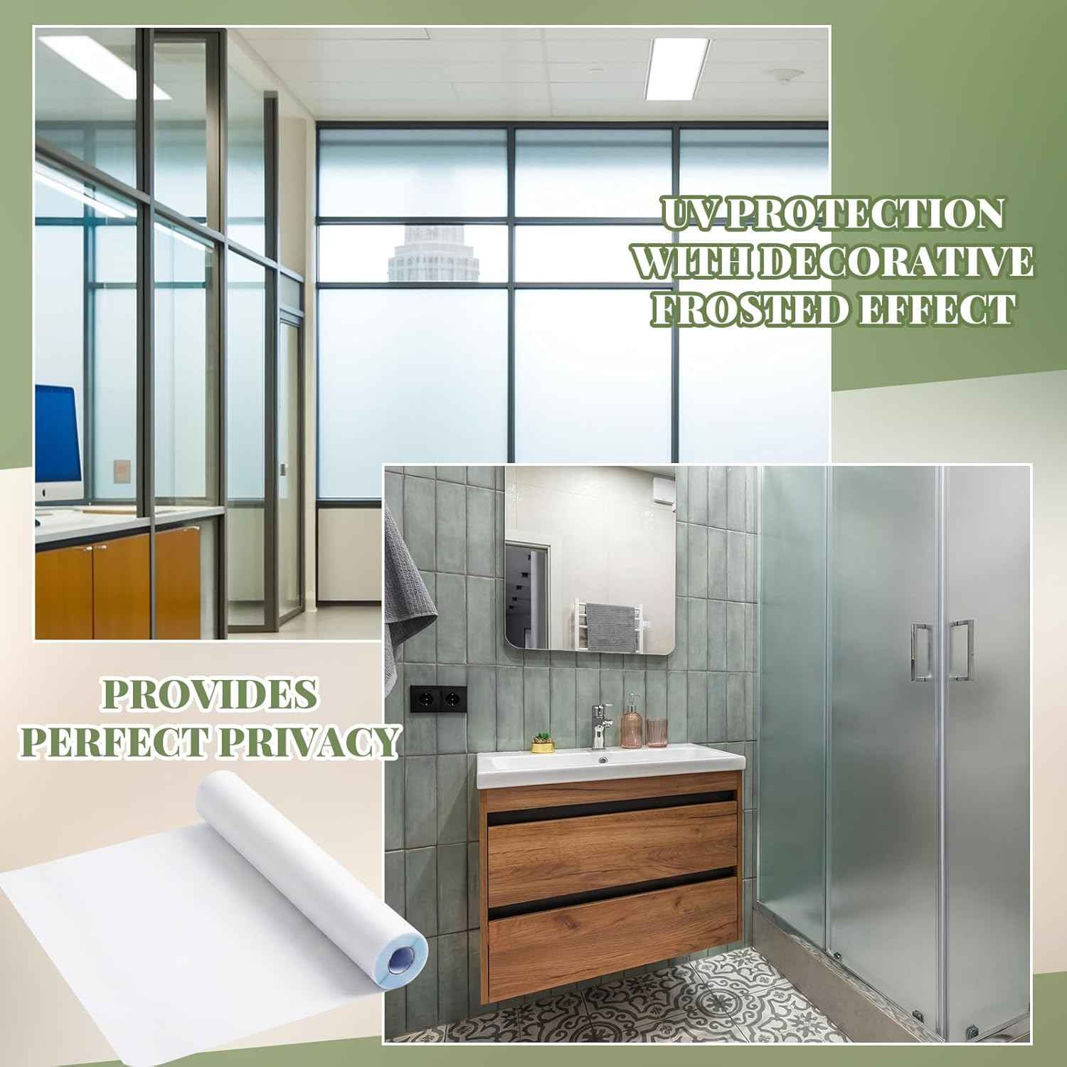 16 in x 40 ft Frosted Window Privacy Film Heat Control UV Blocking with Tools, Static Cling Non-Adhesive Reusable, 2 Way Frosting Privacy Film for Glass Windows for Bathroom Home Office